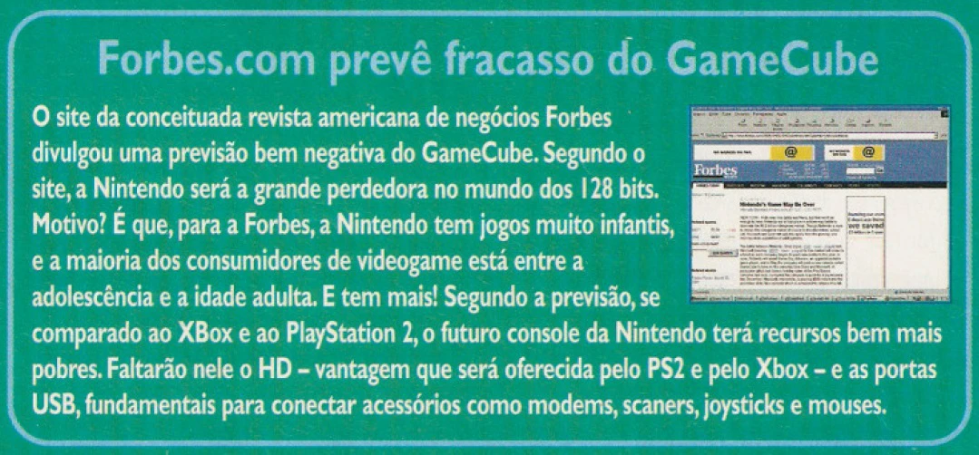 Previsão sobre o GameCube no site da Forbes