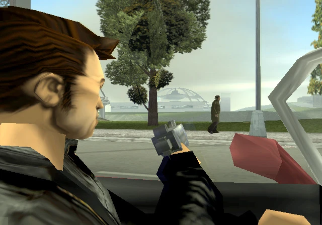 cena da versão beta de GTA III, com o protagonista Claude mirando um pedestre com a arma de dentro do carro
