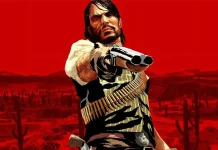 Red Dead Redemption arte oficial de Red dead Redemption, com o personagem Marston empunhando uma arma, sob fundo vermelho do deserto