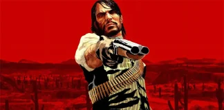 Red Dead Redemption arte oficial de Red dead Redemption, com o personagem Marston empunhando uma arma, sob fundo vermelho do deserto