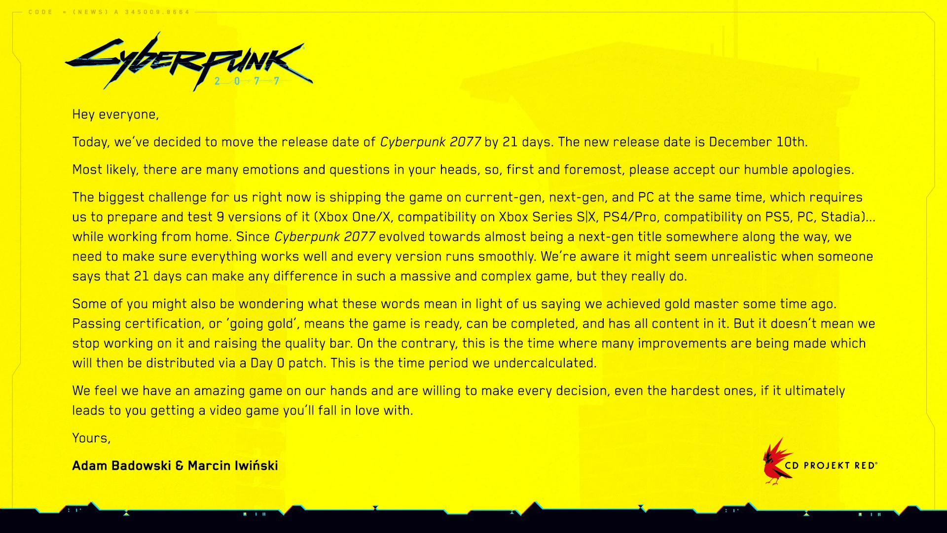 nota de adiamento de cyberpunk 2077