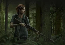personagem Ellie, numa floresta, segurando um rifle