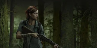 personagem Ellie, numa floresta, segurando um rifle