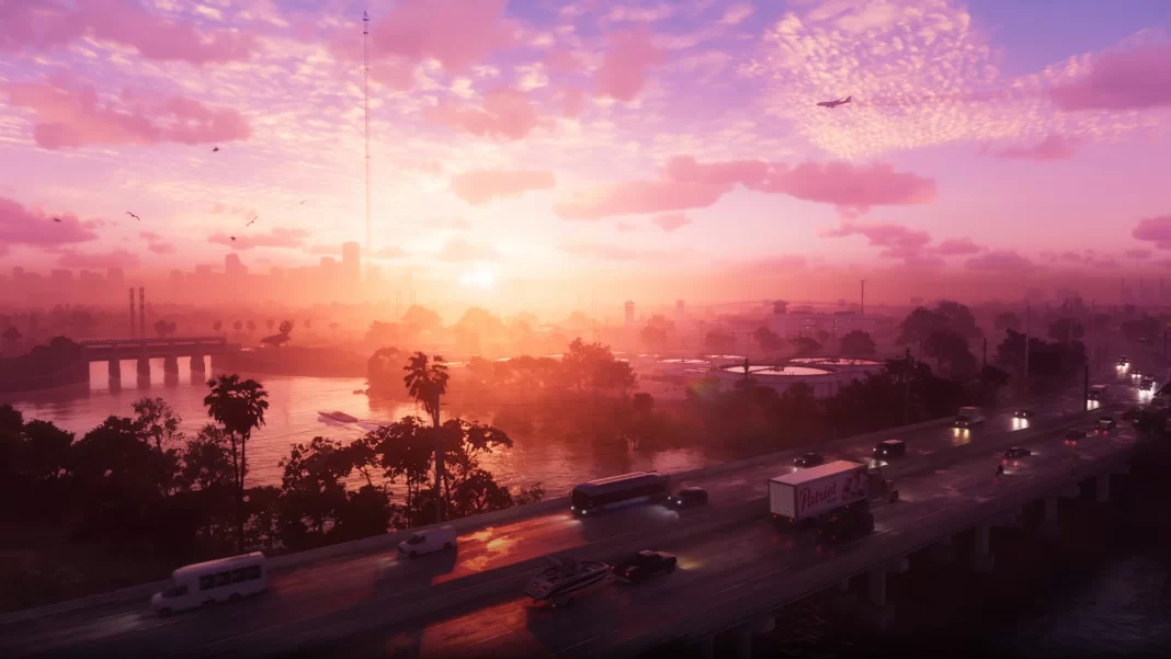 panorama de Vice City em GTA 6, com a cidade visível ao centro, uma via movimentada e o céu rosado com o sol nascendo ou se pondo