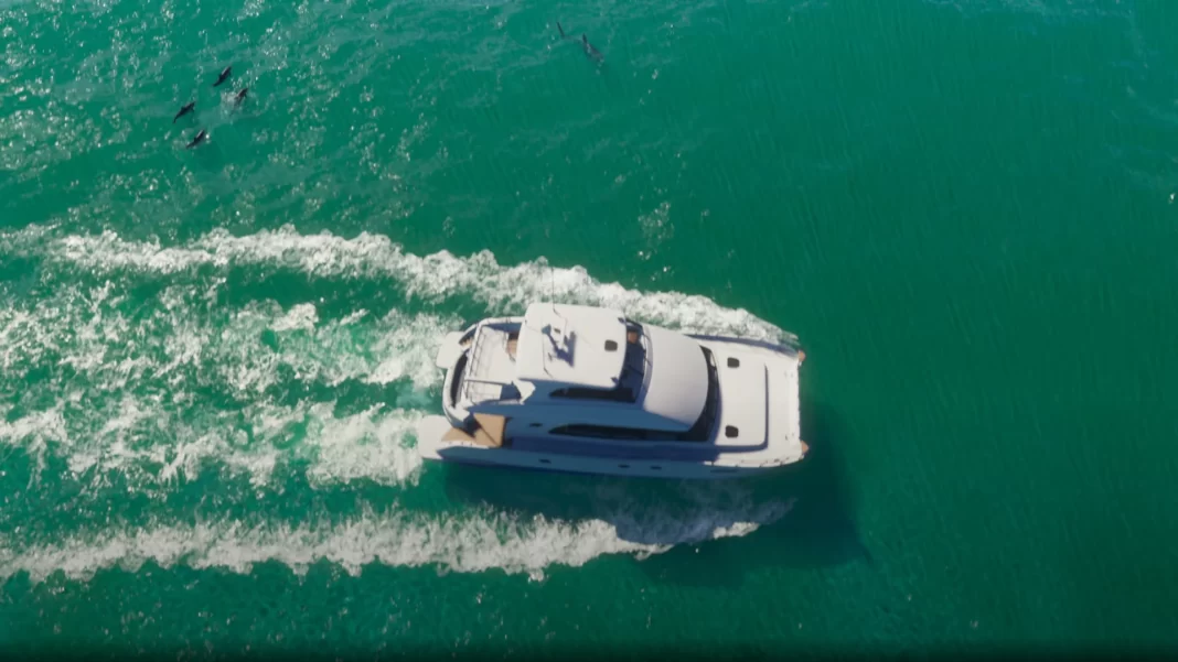 Na visão de uma câmera aérea, um iate luxuoso cruza a costa da praia de Vice City, navegando sobre águas verdes. Também são vistos alguns animais marinhos perto da embarcação.