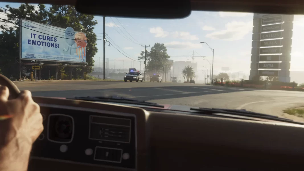 Visto de dentro de um carro em movimento, um grande outdoor com um anúncio de medicamento antidepressivo com o slogan "ele cura emoções"