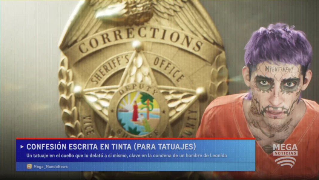 Em cena que parece de noticiário, um homem vestindo traje laranja de prisioneiro aaprece em frente a um escudo da polícia local; ele tem o rosto coberto por tatuagens e cabelo tingido de roxo.
