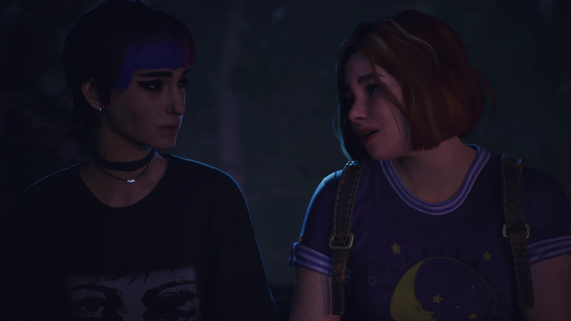 cena de bloom and rage tape 2, com as personagesns Nora e Swann se olhando enquanto conversam num cenário noturno