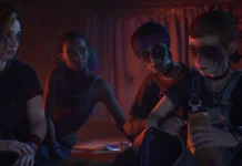 cena de bloom and rage tape 2: as personagens swann, autuum, nora e kat conversando na cabana à noite