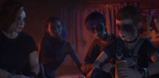 cena de bloom and rage tape 2: as personagens swann, autuum, nora e kat conversando na cabana à noite