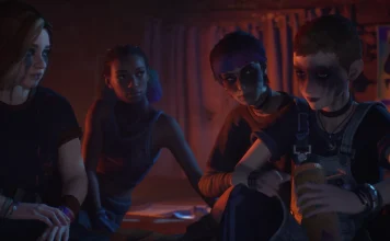 cena de bloom and rage tape 2: as personagens swann, autuum, nora e kat conversando na cabana à noite