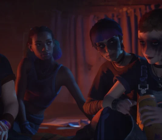 cena de bloom and rage tape 2: as personagens swann, autuum, nora e kat conversando na cabana à noite