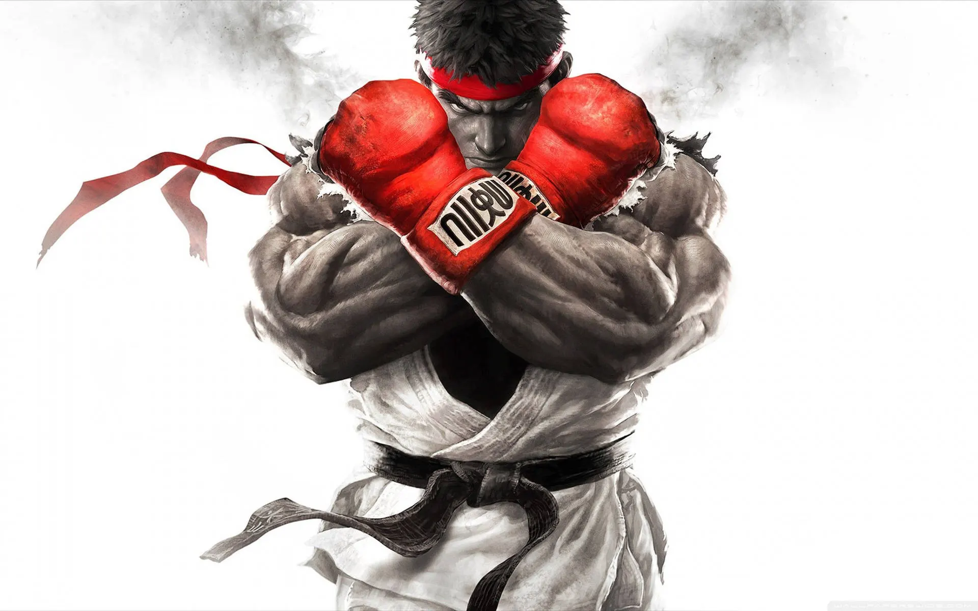 Ryu em arte de Street Fighter V - um lutador de quimono branco e luvas vermelhas, com os punhos cruzados em frente ao queixo, sob fundo branco